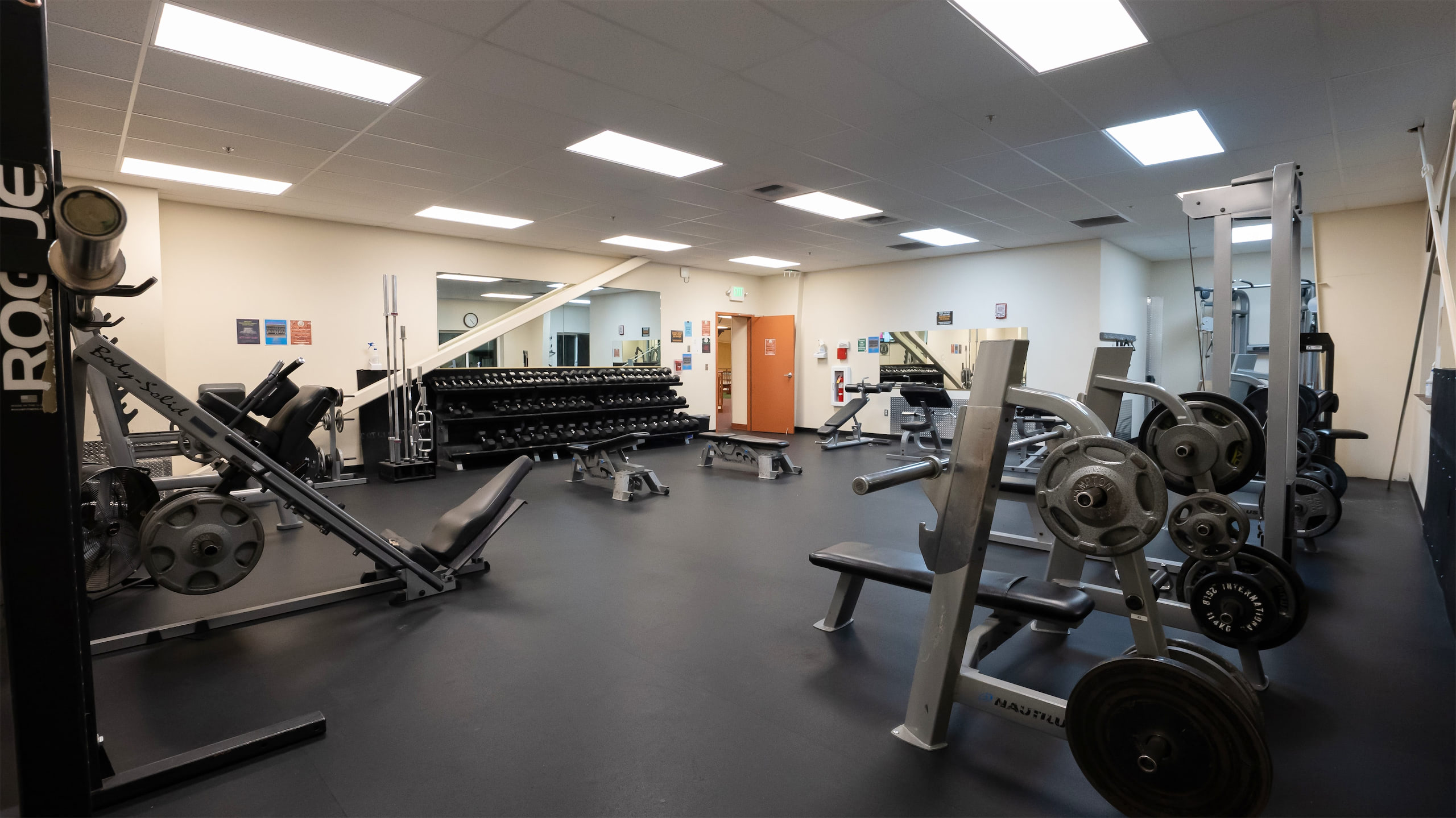 A wide shot of the weight room.