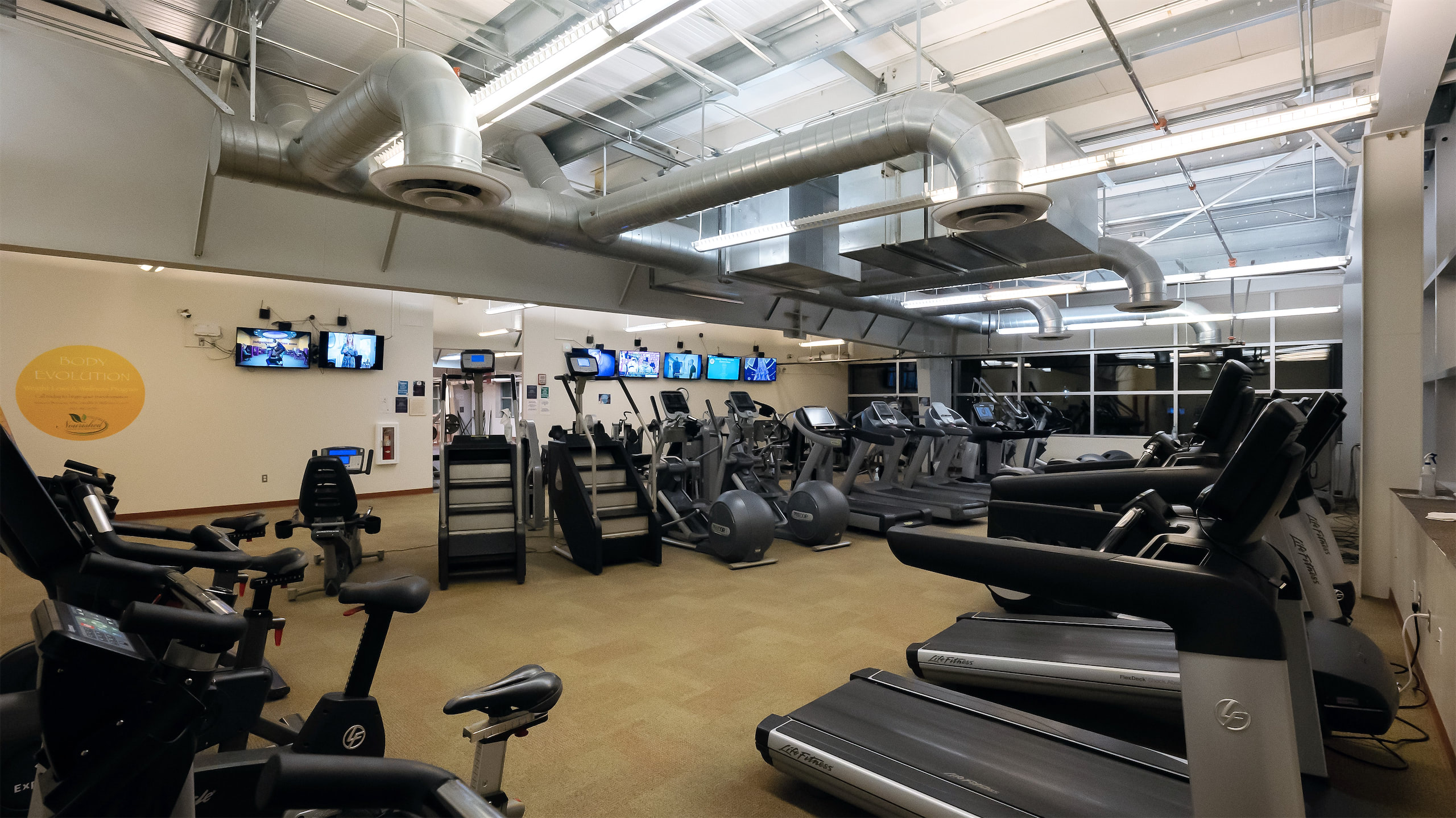 The cardio equipment room, showing treadmills, stair-steppers, and more.